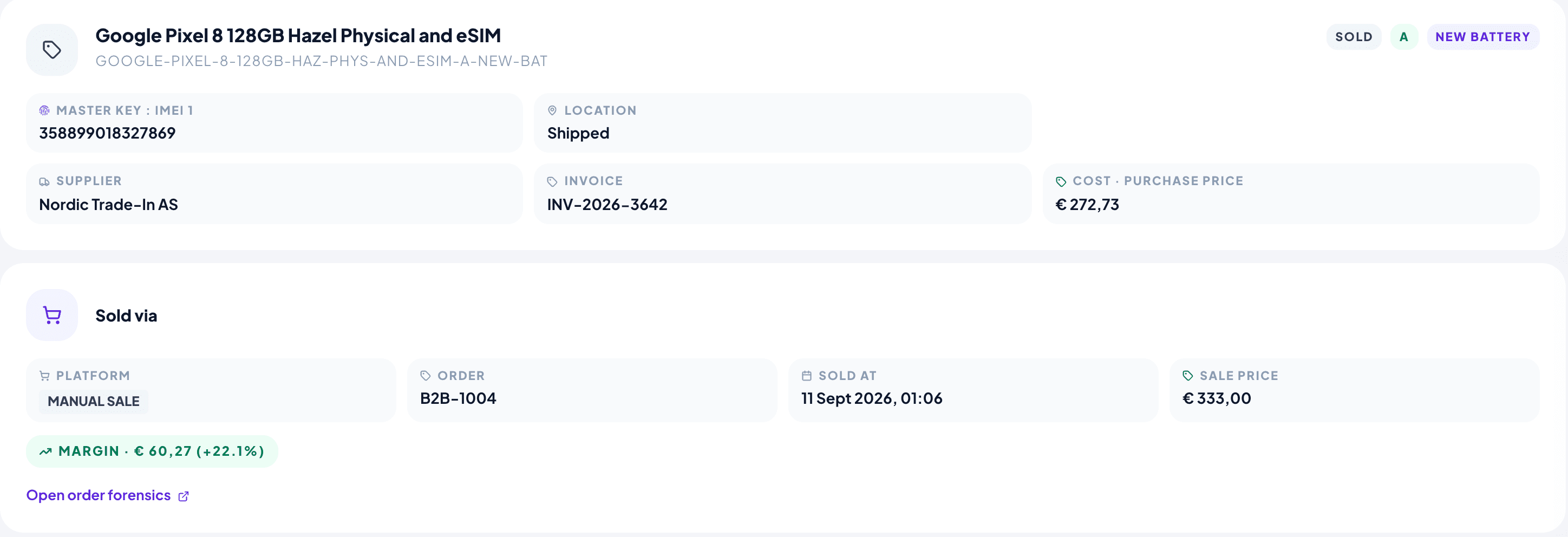 A device card in MARGIXA History Lookup showing the master key, status, location, supplier, purchase invoice, cost, and the sale with its order, date, price and margin.