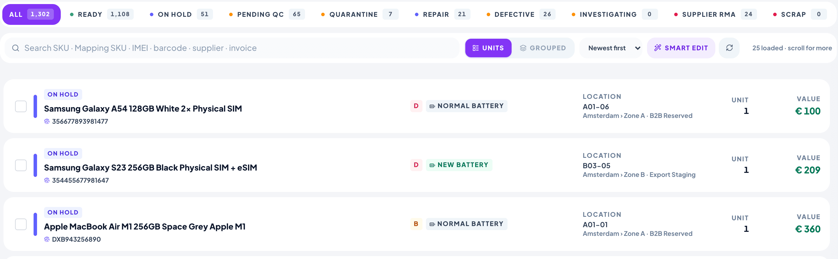 Stock Management in MARGIXA showing units grouped with their grade, battery condition, location, quantity and value, and tabs for ready, on hold, pending QC, quarantine, repair, defective and supplier RMA.