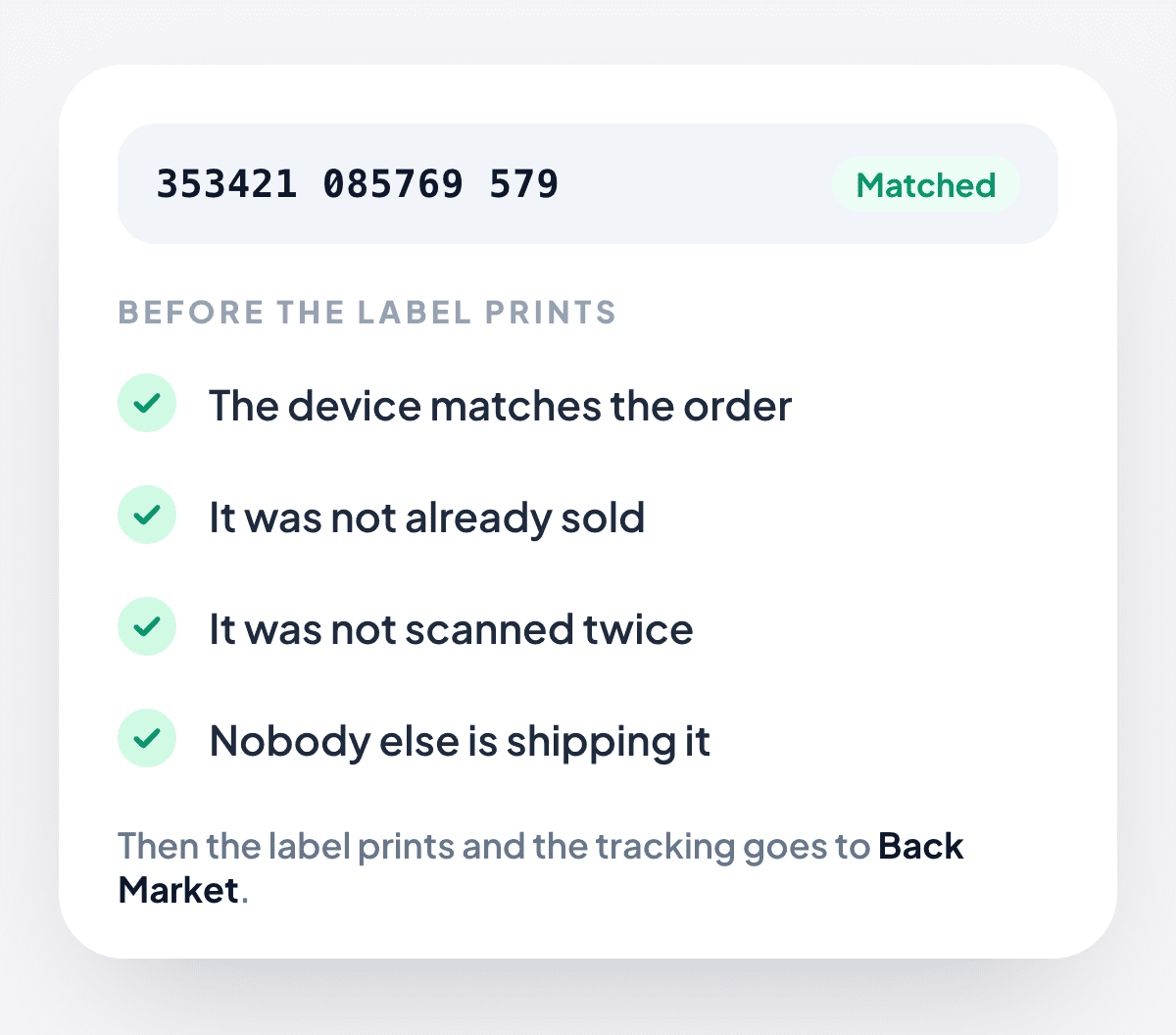 A scanned IMEI matched, then MARGIXA's four checks before the label prints, all passed: the device matches the order, it was not already sold, it was not scanned twice, nobody else is shipping it.