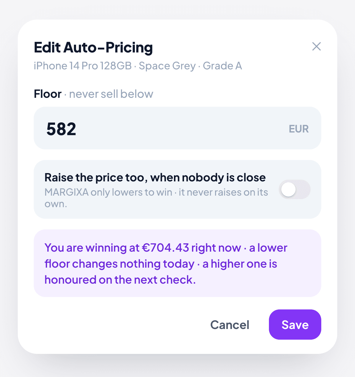 The Auto-Pricing window in MARGIXA: a floor of 582 euro and the line saying the listing is winning at 704.43 euro.